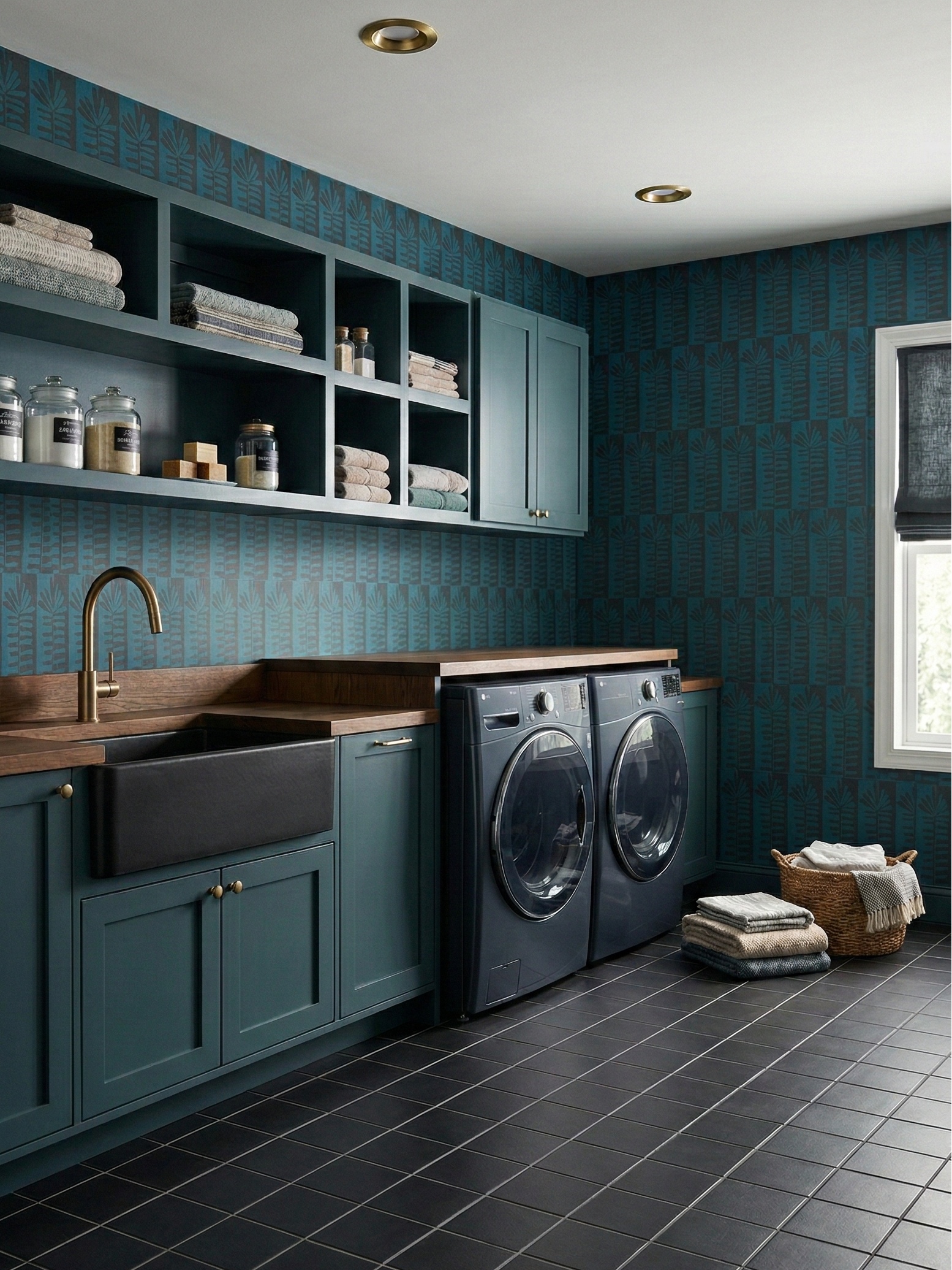 Black Suede 6x6 clay tile by Clay Imports, laid in a grid pattern on a modern laundry room floor.