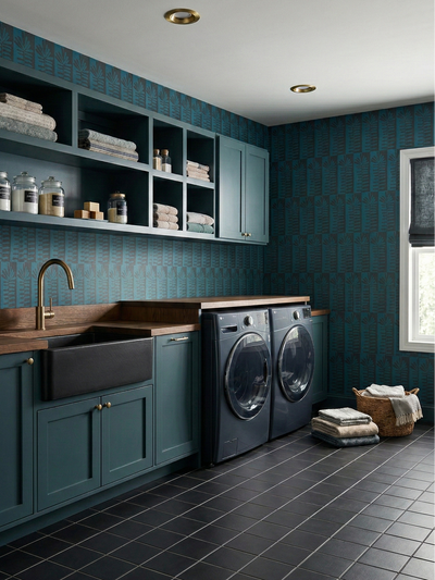 Black Suede 6x6 clay tile by Clay Imports, laid in a grid pattern on a modern laundry room floor.