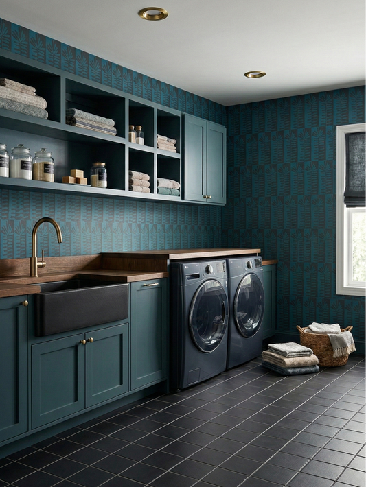 Black Suede 6x6 clay tile by Clay Imports, laid in a grid pattern on a modern laundry room floor.
