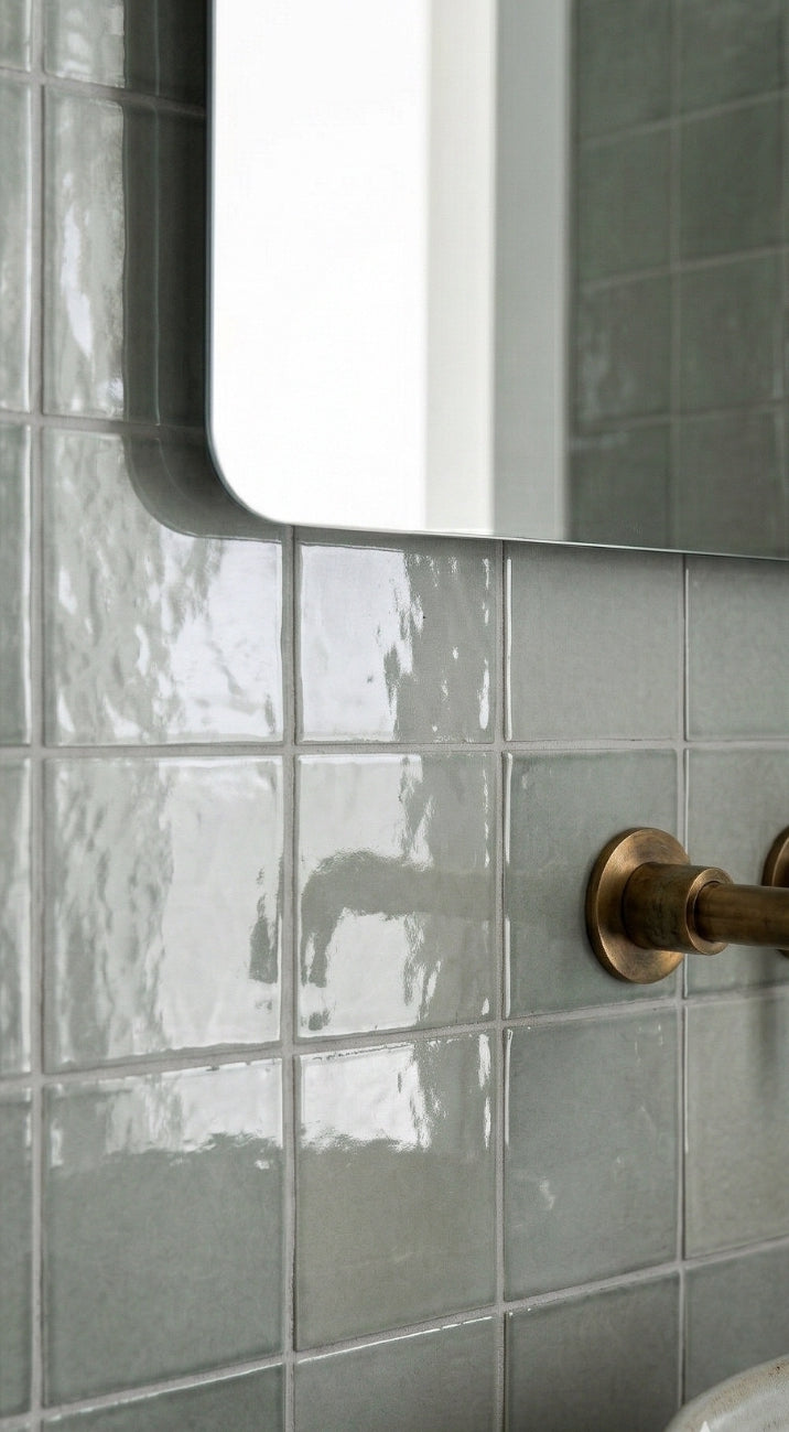 Arctic Gloss 6x6 tiles by Clay Imports, in light greenish-grey glossy finish with subtle handmade texture, framing a rounded mirror and brass faucet.