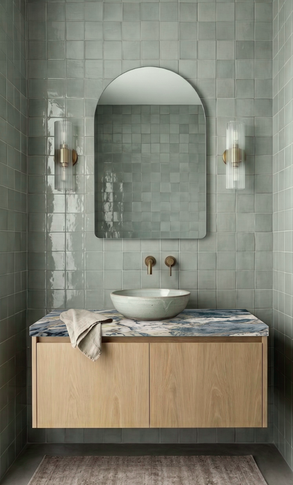 Square 6x6 Arctic Gloss tiles by Clay Imports, featuring a glossy light grey-green finish with subtle texture variations.