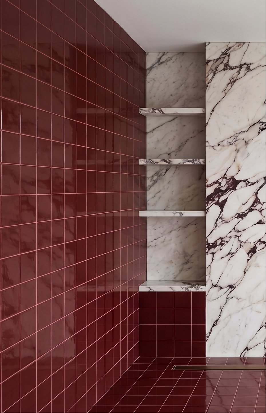 Oxblood 6x6 clay tiles by Clay Imports, glossy and square, covering a bathroom space with marble shelves.