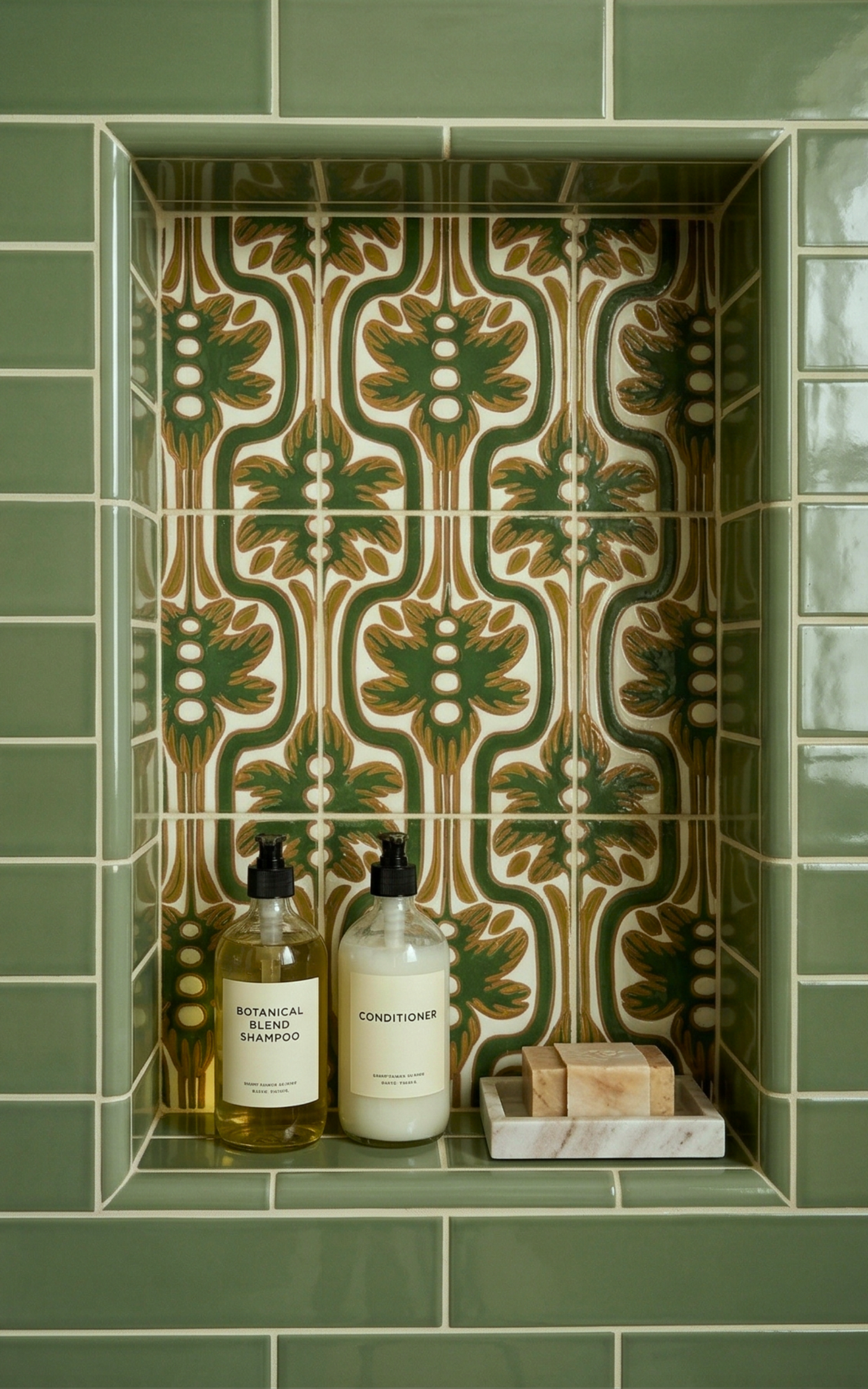 Hand-painted green and gold palmetto relief tile by Clay Imports, set in a shower niche with coordinating sage green subway tiles.