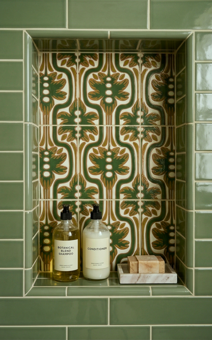 Hand-painted green and gold palmetto relief tile by Clay Imports, set in a shower niche with coordinating sage green subway tiles.
