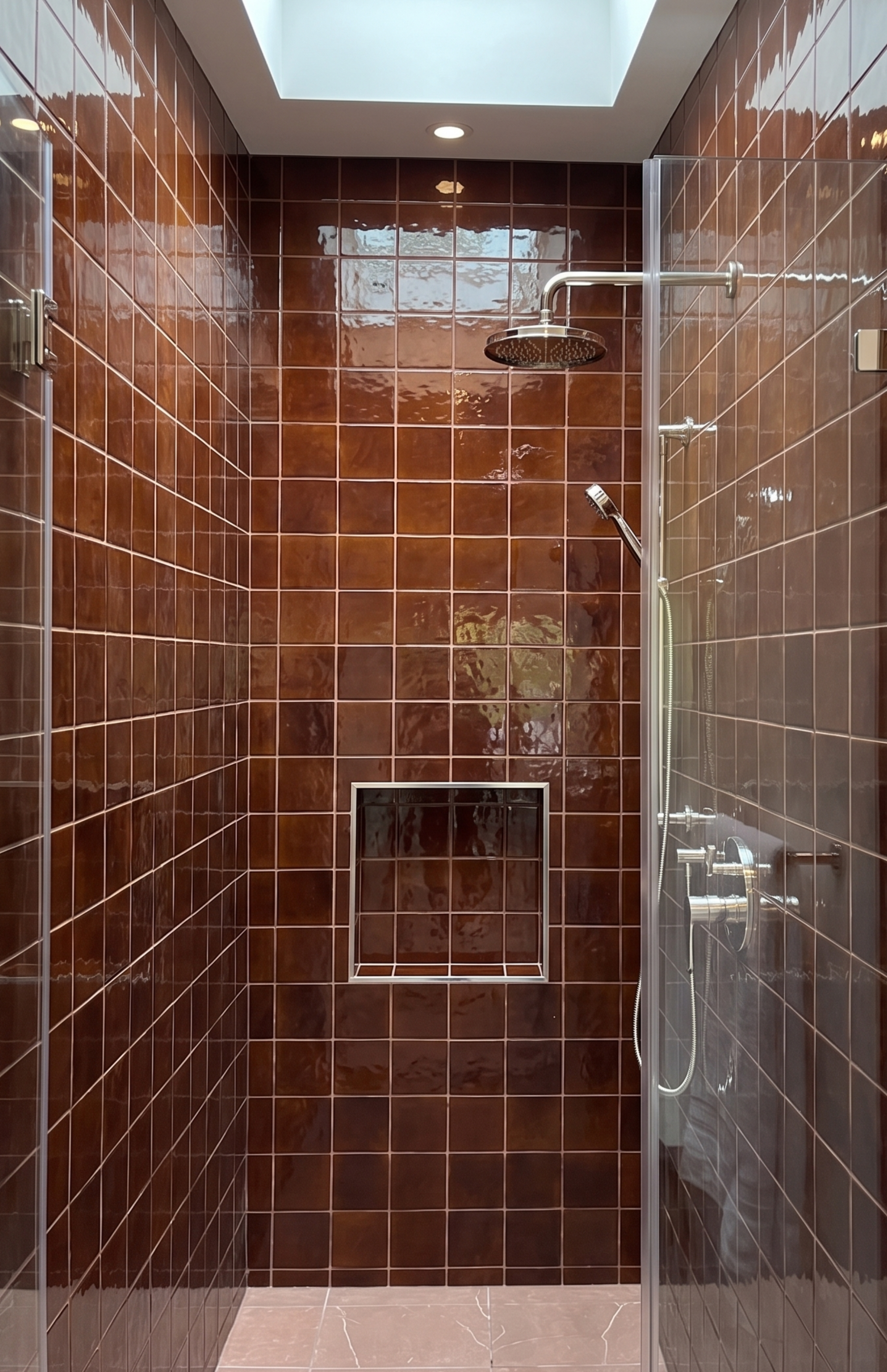 A modern walk-in shower enclosure with glossy brown rectangular wall tiles, a glass door, a built-in niche shelf, and a round shower head mounted on a chrome arm.