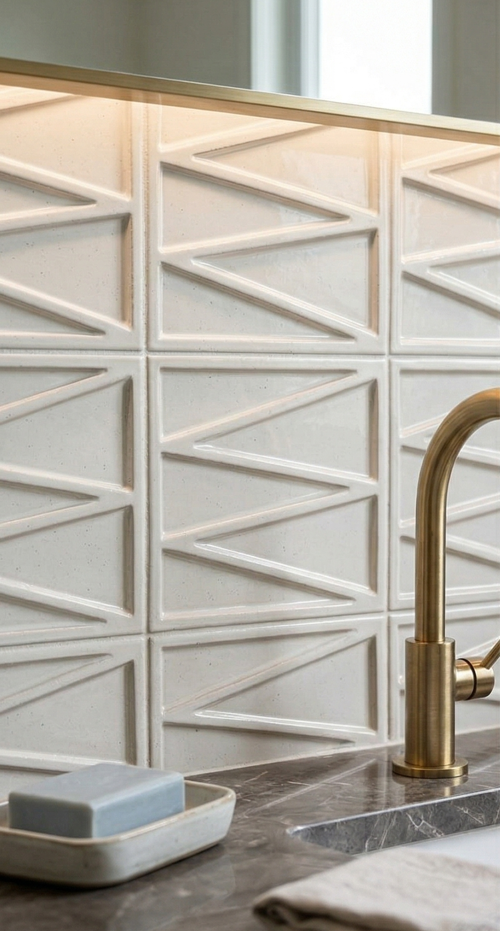 Off-white Sierra Candela solid tile by Clay Imports with a raised geometric pattern, used as a backsplash above a gold faucet.