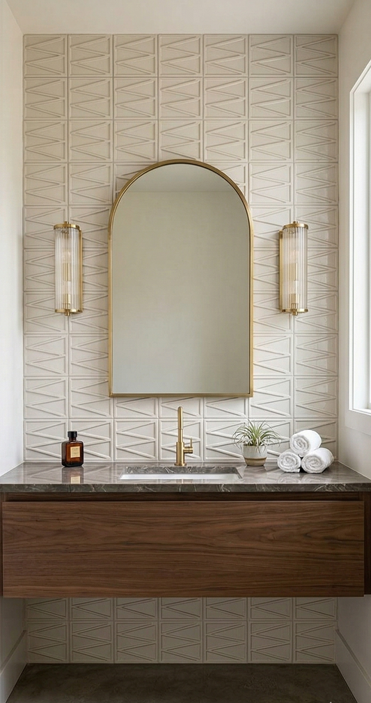 Light beige 6x6 Solid Tile by Clay Imports with a raised geometric V-pattern.