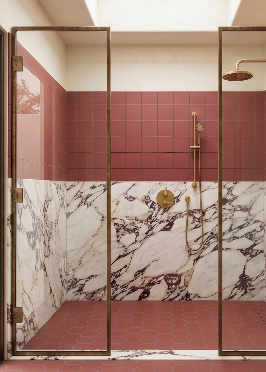 Wild Berry 6x6 clay tiles by Clay Imports covering a shower wall, paired with marbled lower walls and hexagonal floor tiles.