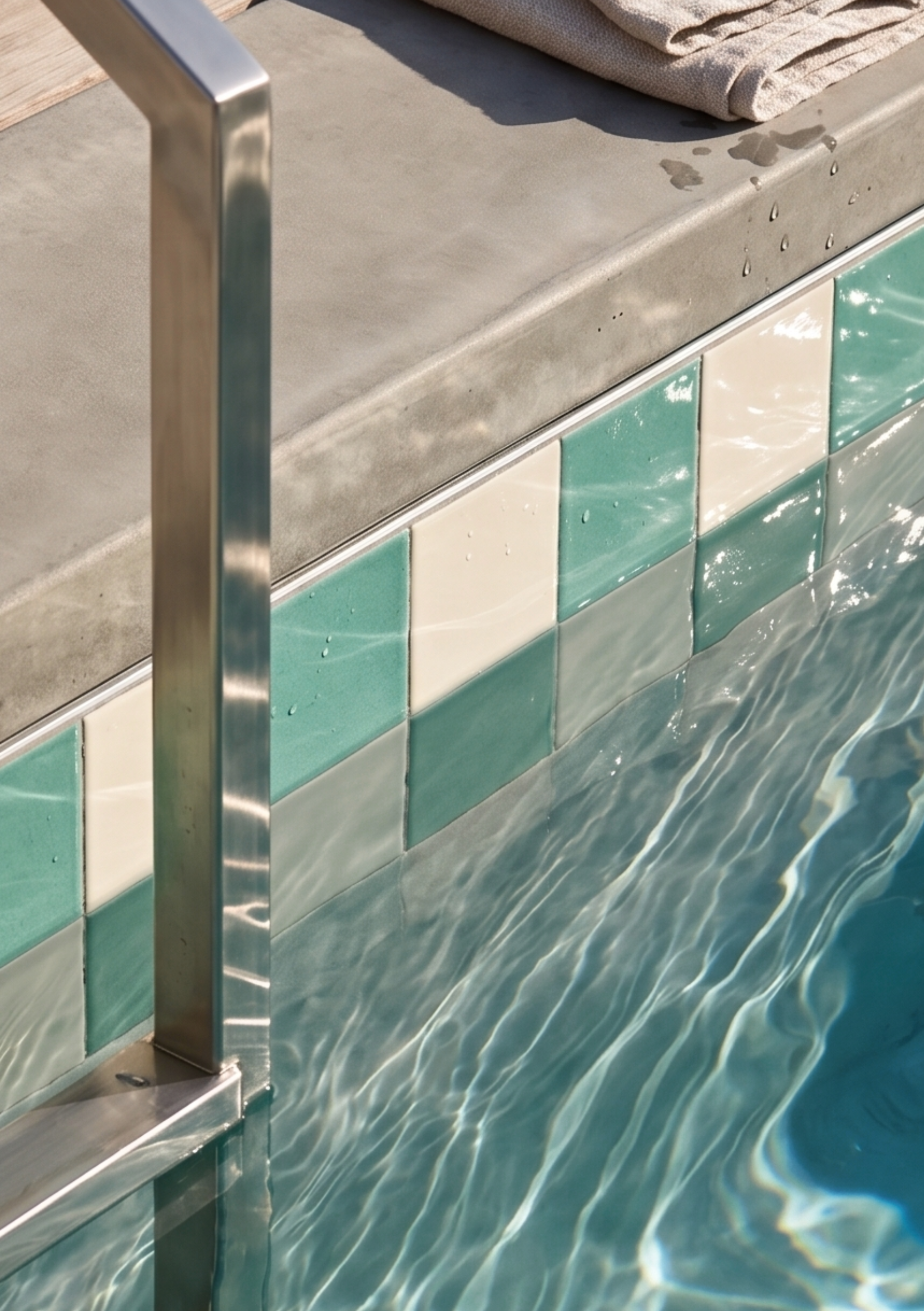Close-up of a pool waterline with tiled pattern green and cream tiles and metal railing.