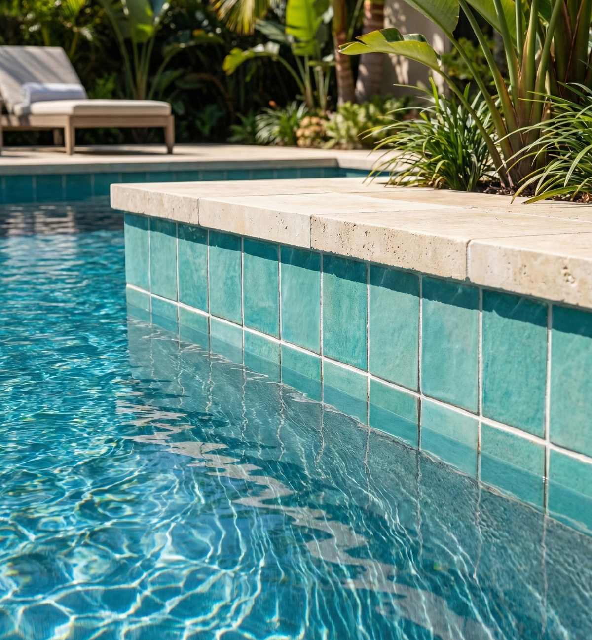 Glazed Cotto Jade 6x6 Pool Waterline Tile by Clay Imports, featuring vibrant teal tiles with light grout and a textured coping stone at a rippling pool edge.