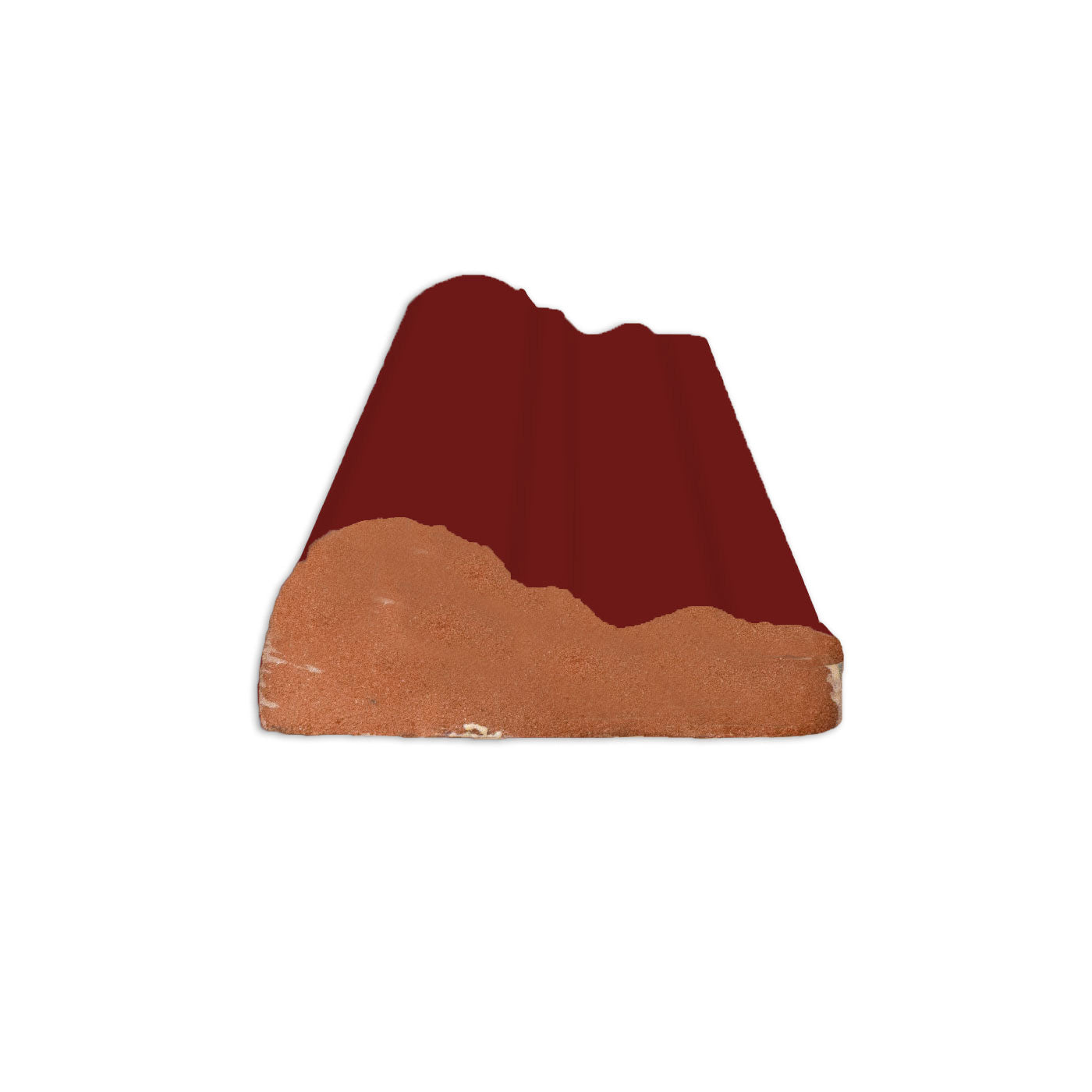 Oxblood chair rail tile trim by Clay Imports, with a glazed top and unglazed terracotta base.