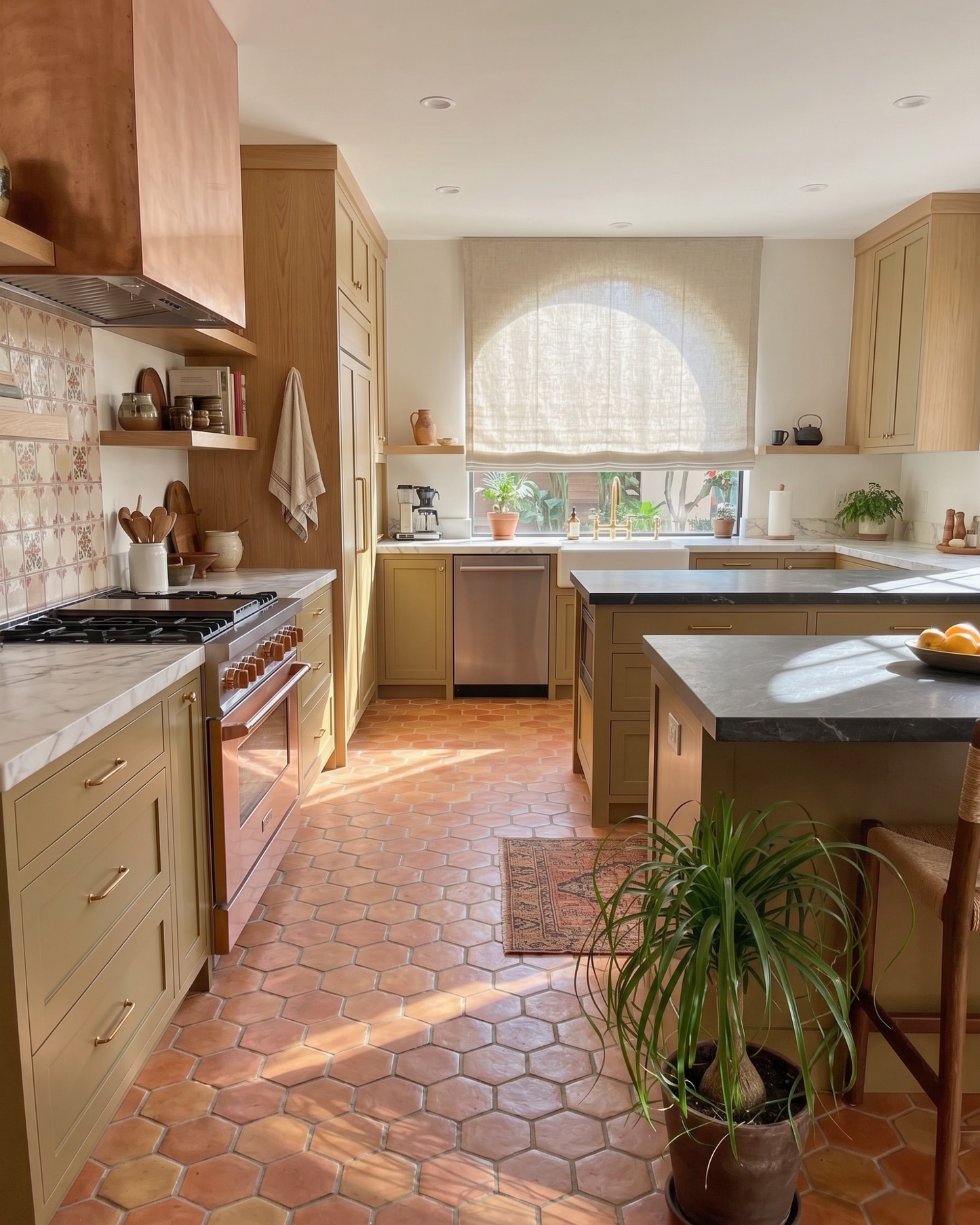 Terracotta Hexagon Smooth Gloss tile by Clay Imports Saltillo Tile on a rustic kitchen floor illuminated by sunlight.