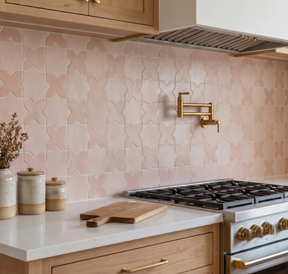 Pink Star & Cross Solid Tile by Clay Imports, featuring an opaque finish on a kitchen backsplash with wood cabinetry and a brass pot filler.