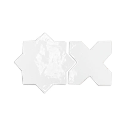 White gloss glazed terracotta star and cross tiles by Clay Imports, with a handcrafted, slightly irregular surface.