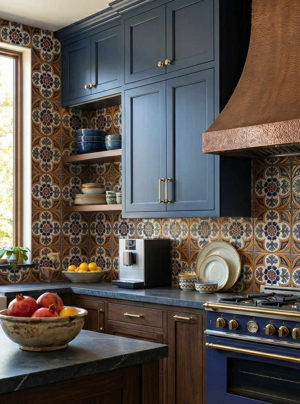Multi-colored floral Talavera relief tile by Clay Imports, with blue and red patterns on a warm brown background.