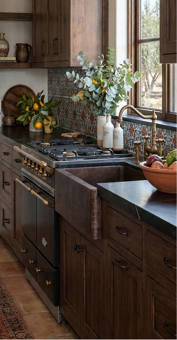 Relief Dalia Talavera tile by Clay Imports, featuring intricate floral patterns in warm orange, blue, and brown tones, installed as a kitchen backsplash.