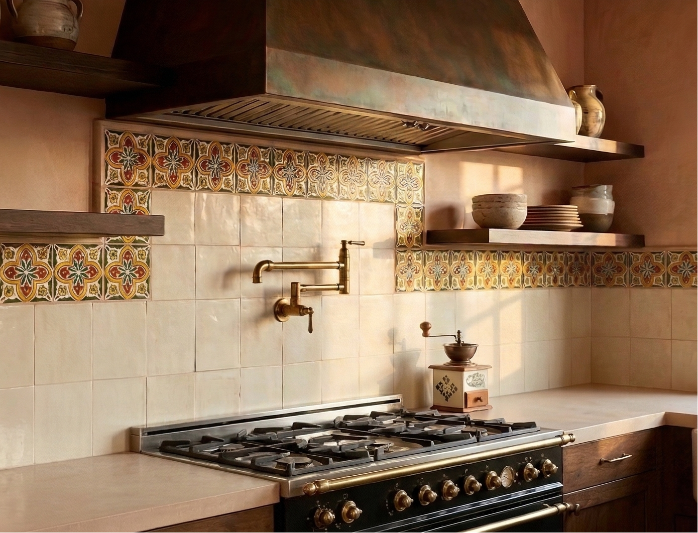 Relief Talavera tile by Clay Imports with a multicolored floral quatrefoil pattern in red, green, and yellow on a white background.