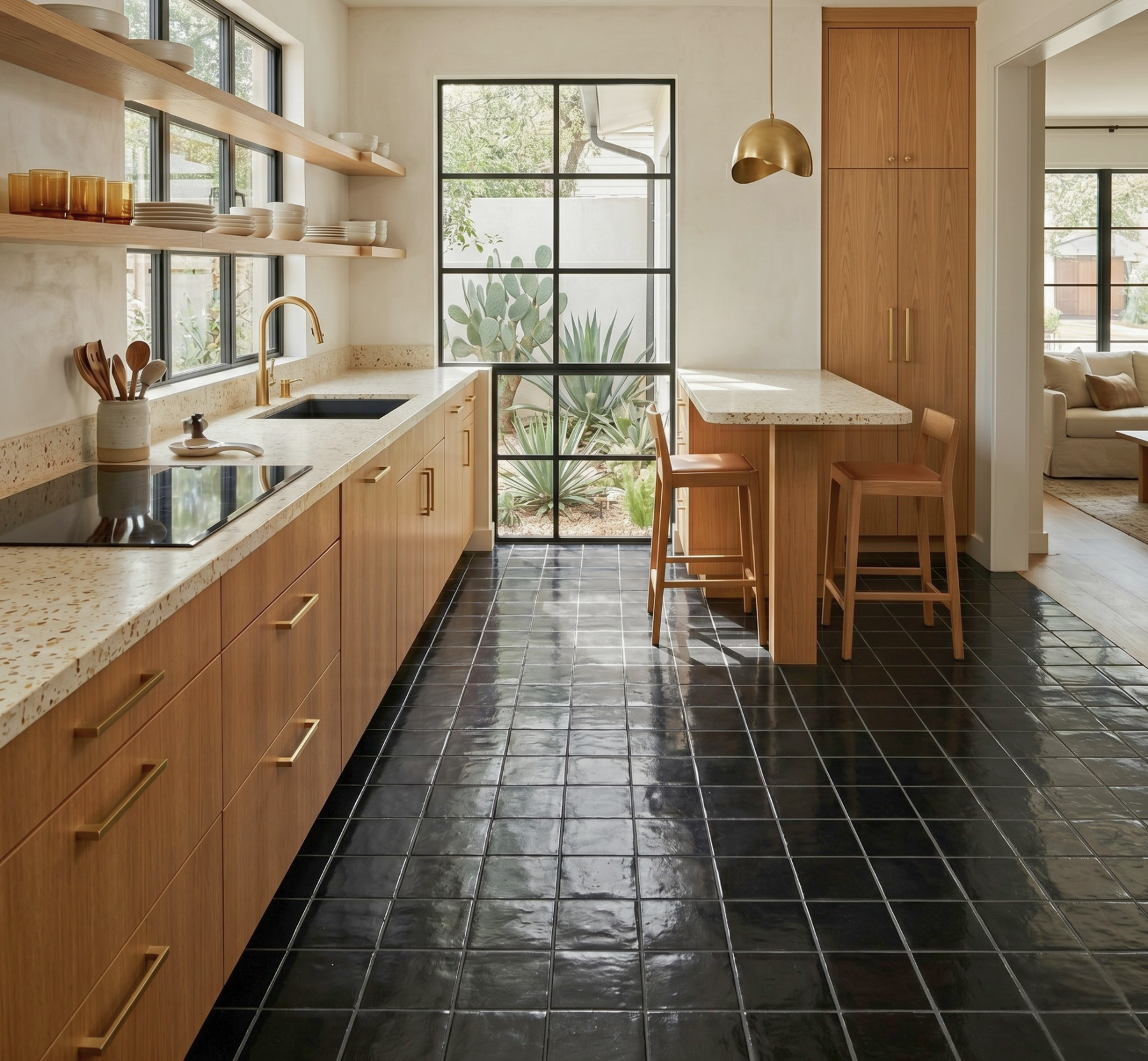 Smooth noir black 6x6 glazed terracotta tiles by Clay Imports, covering a glossy kitchen floor.