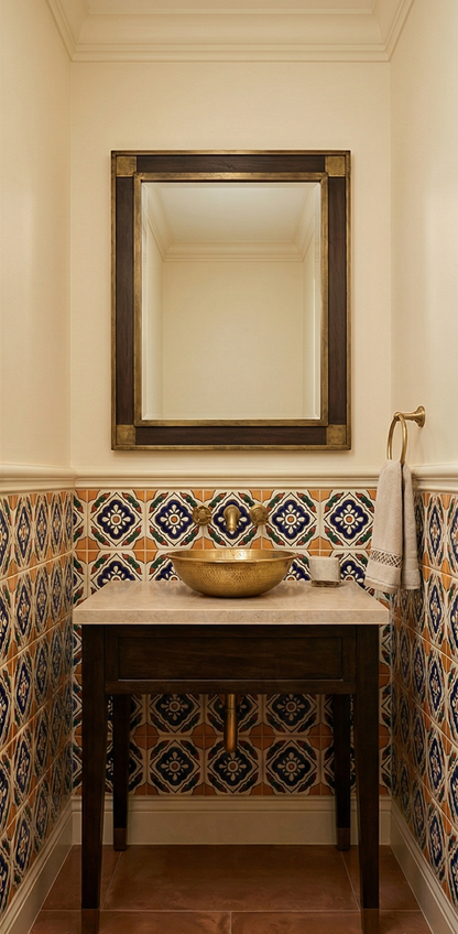 Relief Talavera Petunia 6x6 tile by Clay Imports, with vibrant blue, orange, and green floral patterns in a tiled bathroom.