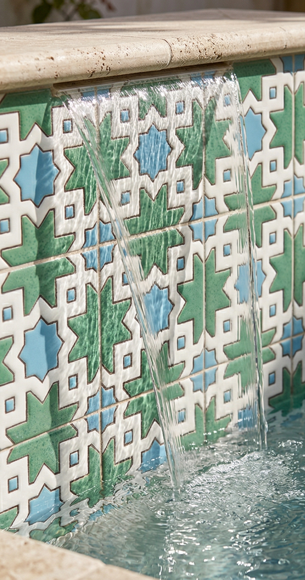 Tiznit Jade pool waterline tile by Clay Imports, featuring a green, blue, and white Moroccan-inspired geometric pattern with water cascading.