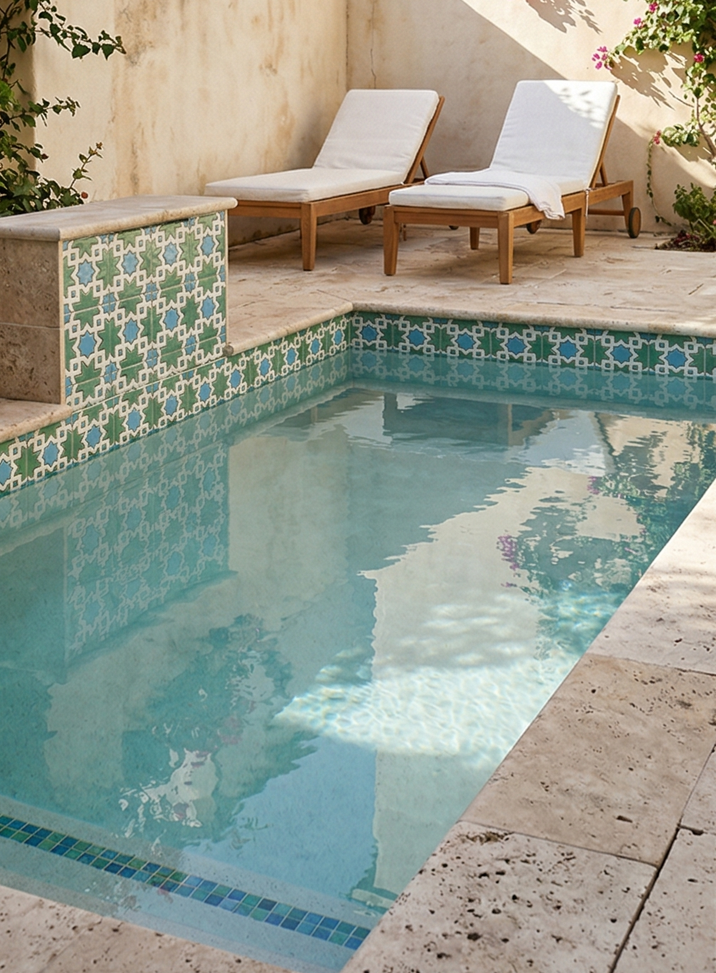 Jade green and blue pool waterline tile by Clay Imports, featuring a geometric Moroccan star pattern in a courtyard pool.