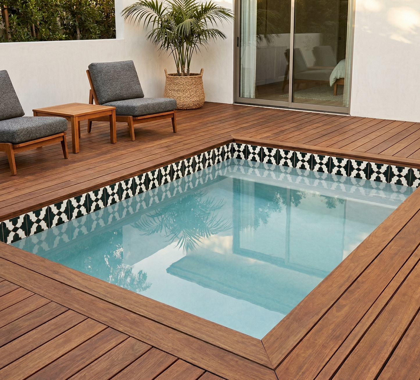 Pool Waterline Tile with a Deep Black Cruces pattern by Clay Imports, lining a blue rectangular pool surrounded by a wooden deck.