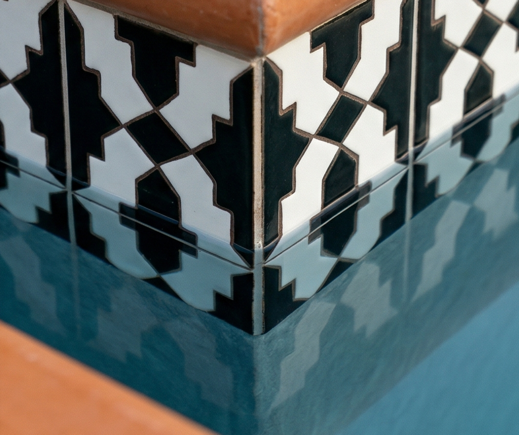 Deep Black Cruces Pool Waterline Tile by Clay Imports, with a geometric black and white pattern reflecting in blue water, alongside a terracotta coping.