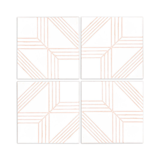 Four square white ceramic tiles display a geometric pattern of delicate pink lines forming nested triangles and squares.