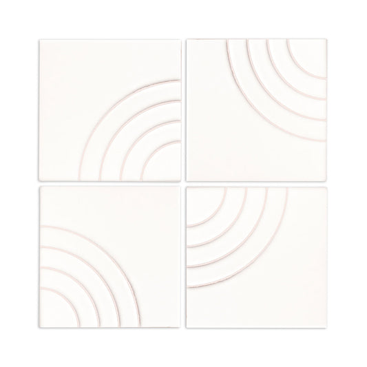 Four square ceramic tiles feature embossed pink concentric arc patterns that combine to create geometric wall art.