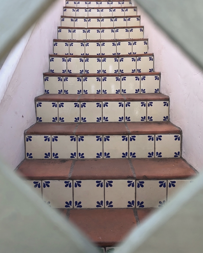 A staircase with cream-colored tiles decorated with a blue floral pattern, featuring terracotta-colored steps, viewed through a diamond-shaped opening.