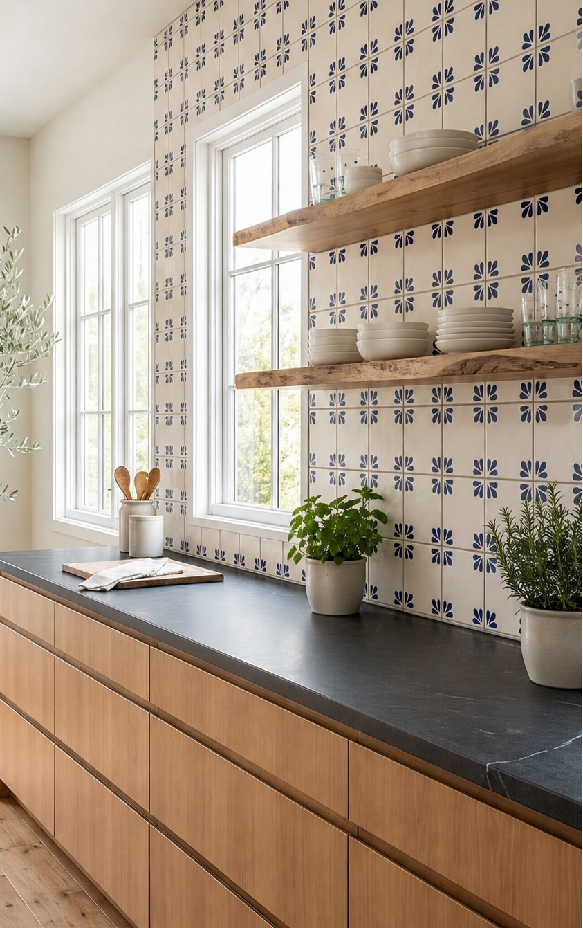 Cream and navy blue floral-patterned 6x6 Talavera tile by Tula, installed as kitchen backsplash with wooden shelves and greenery.