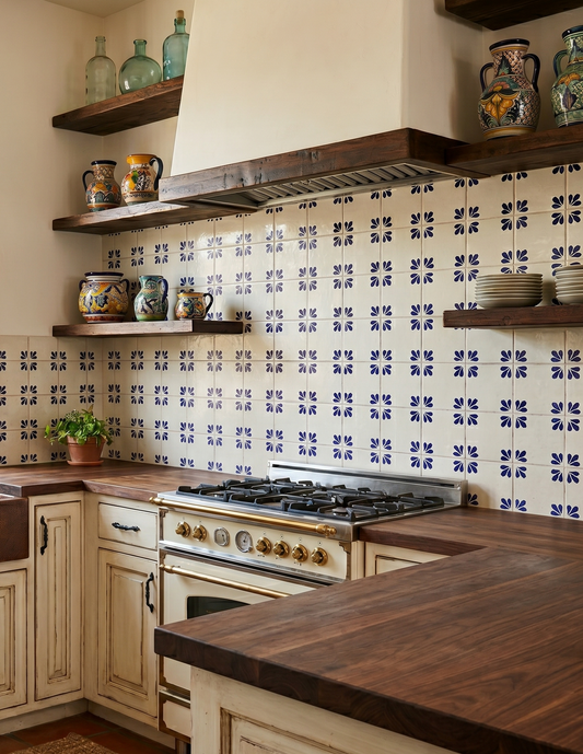 Cream and navy blue floral patterned Talavera tile backsplash in kitchen, featuring hand-painted starburst motifs and rustic wooden shelves with ceramic vases.