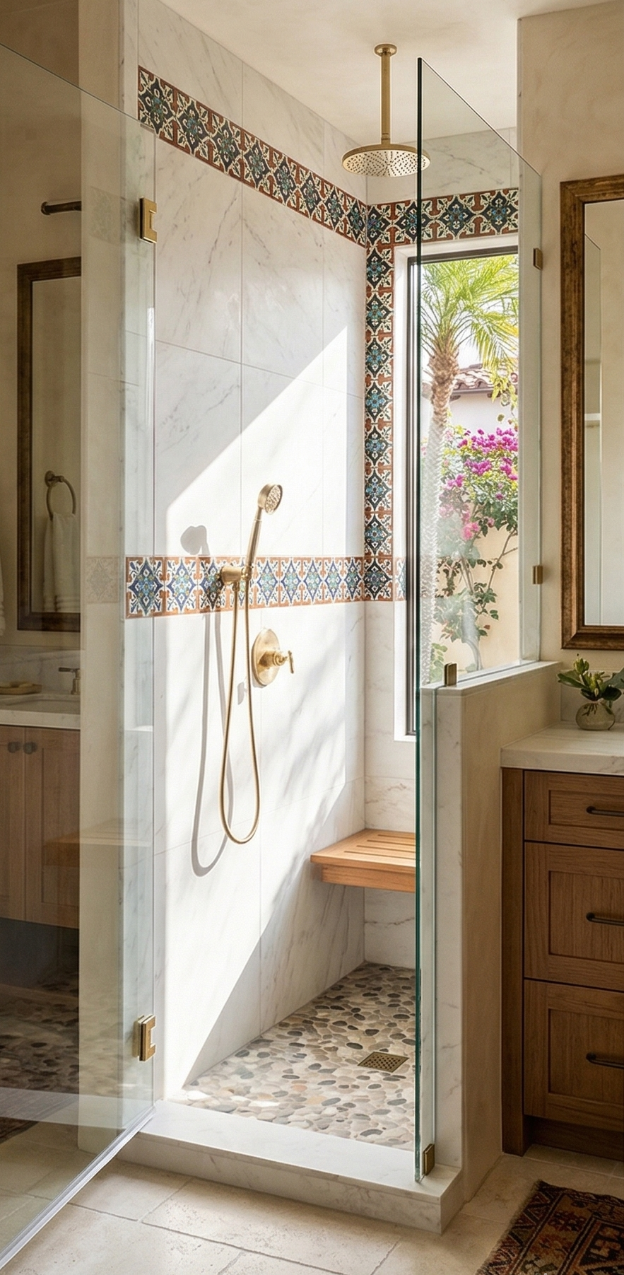 Relief Violeta Talavera tile by Clay Imports, a decorative patterned border in a white marble shower.