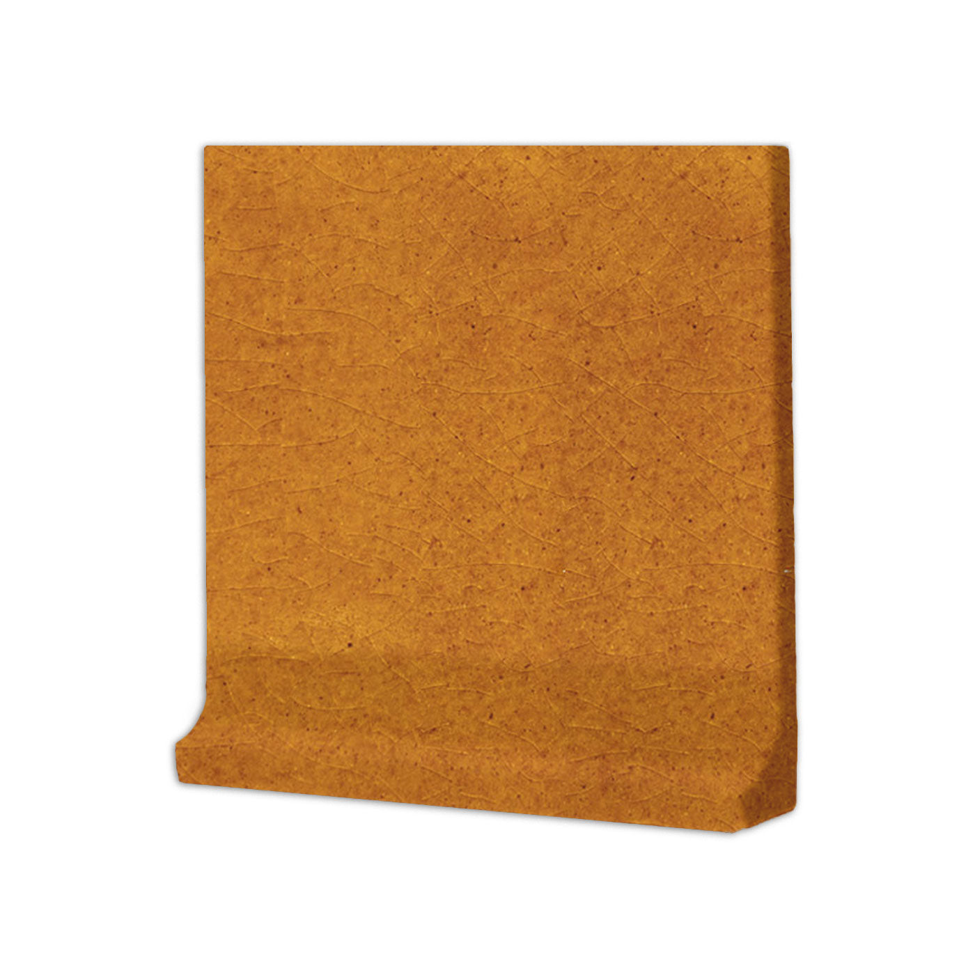 Earthy orange-brown cove base tile trim by Clay Imports, featuring a crackle texture and curved profile.