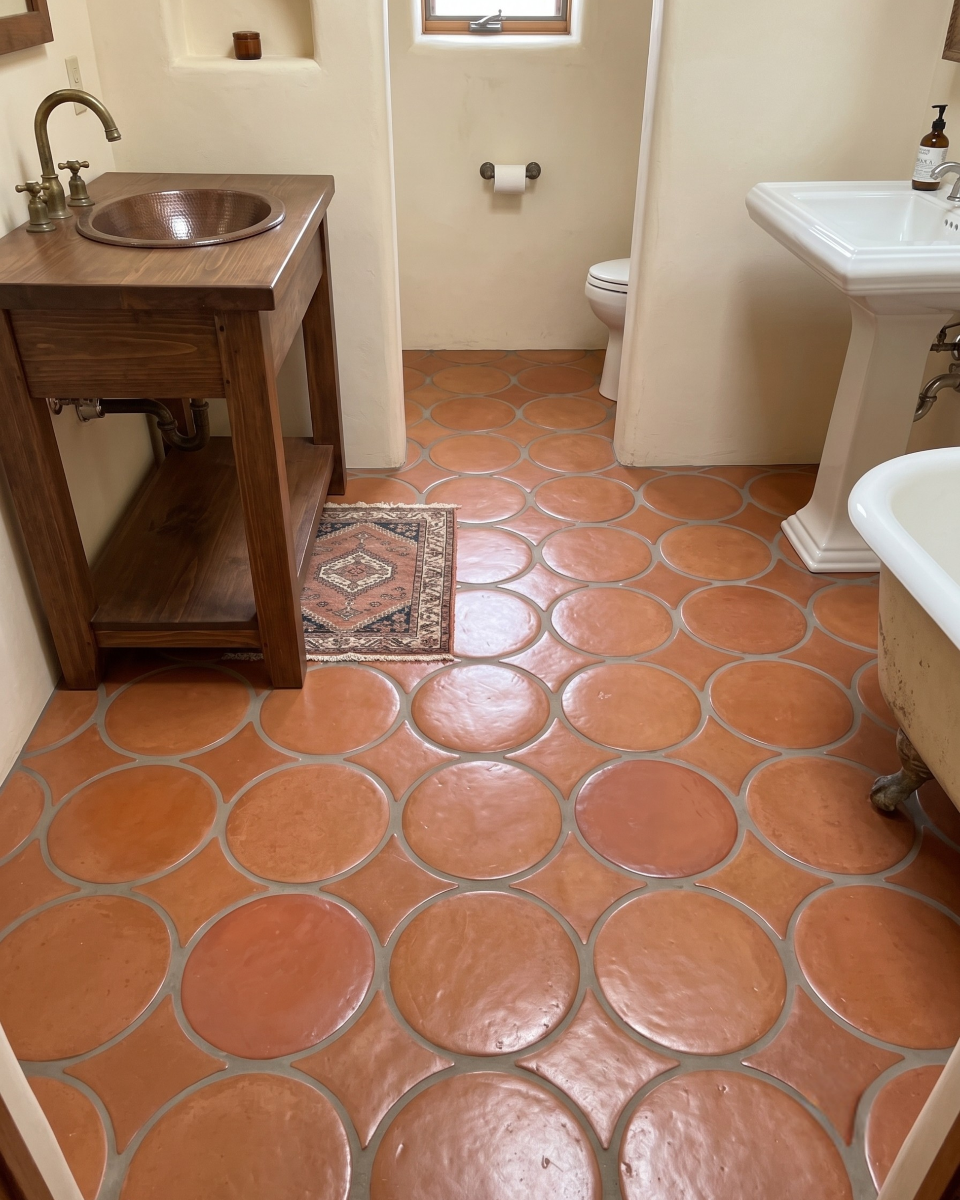 Terracotta circular tile flooring in a rustic bathroom setting, featuring a wooden vanity with a copper sink, a white pedestal sink, and a small patterned rug.