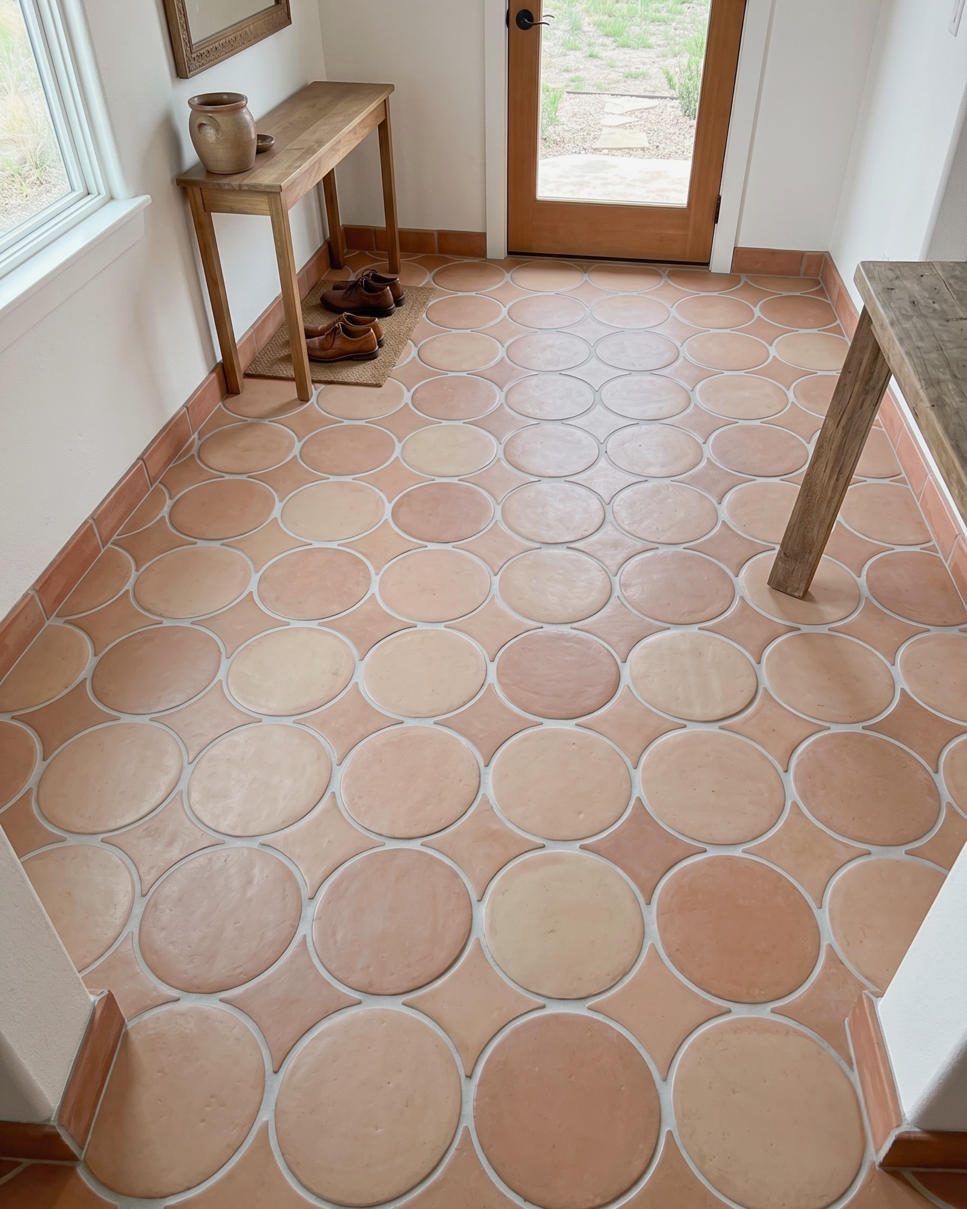 Terracotta round floor tiles arranged in a circular pattern inside a room with white walls, a wooden entryway console table, and a glass door.