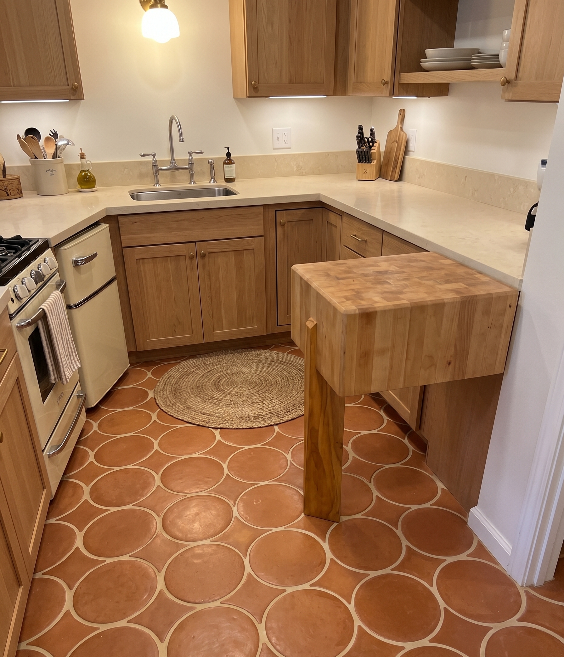 A rustic kitchen scene with light wood cabinets, cream countertops, terracotta tile flooring, a built-in cream refrigerator and stove, and a small matching wooden island or cutting board table in the foreground.
