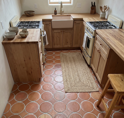 A rustic kitchen scene with terracotta-colored circular patterned floor tiles, light wood cabinetry and countertops, a farmhouse sink, gas stovetops, and a woven area rug.