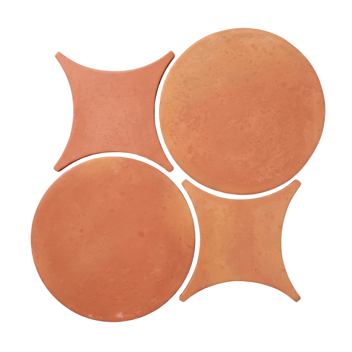 Two terracotta circular tiles and two concave square tiles interlock to form a geometric terracotta tile pattern on a white background.