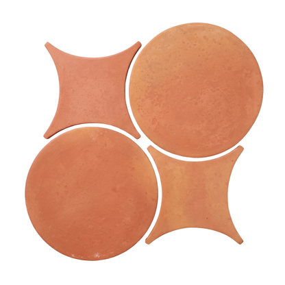 Two terracotta circular tiles and two concave square tiles interlock to form a geometric terracotta tile pattern on a white background.