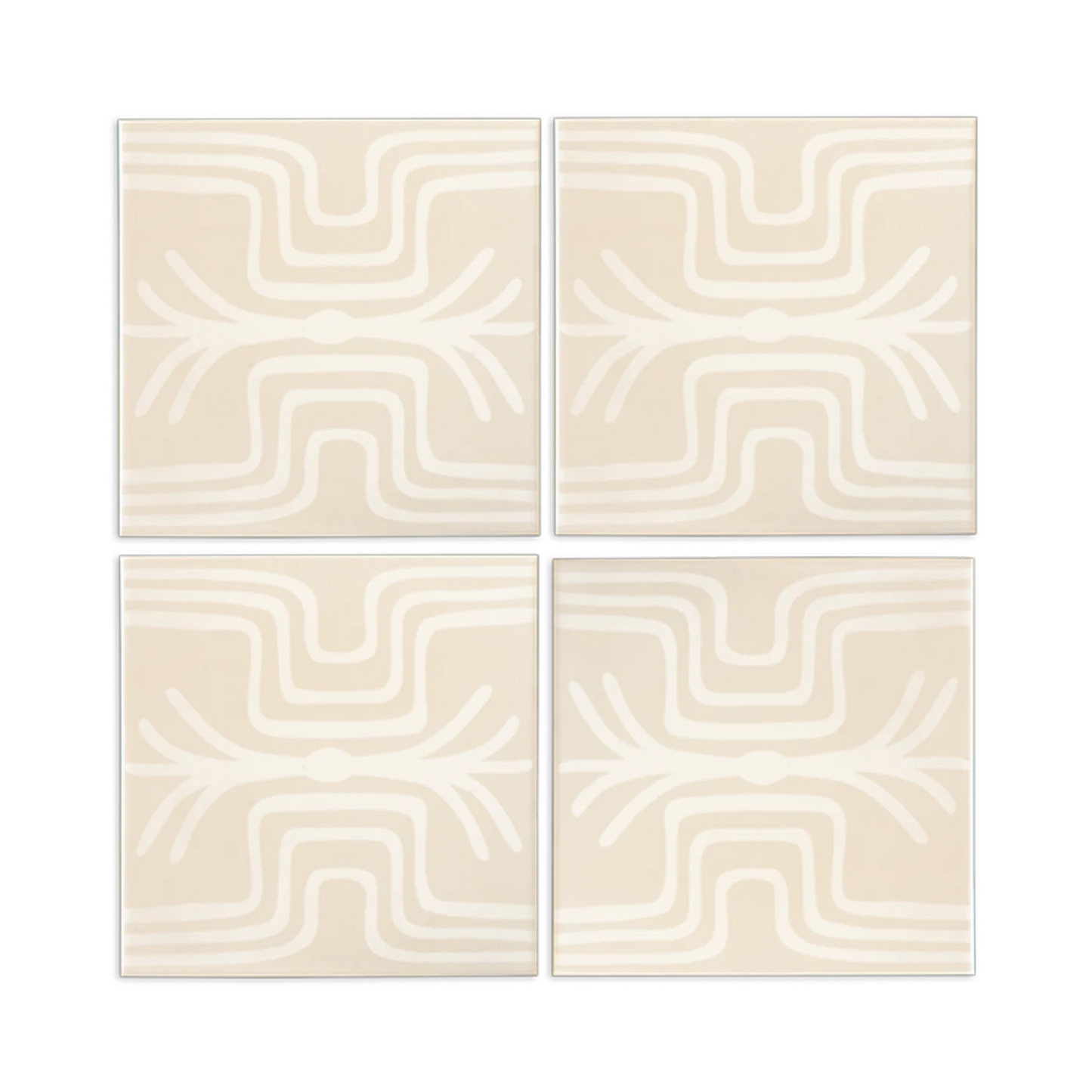 Dew White tile bundle by Clay Imports featuring a repeating abstract fringe pattern across four square tiles.