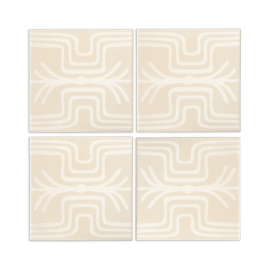 Dew White tile bundle by Clay Imports featuring a repeating abstract fringe pattern across four square tiles.