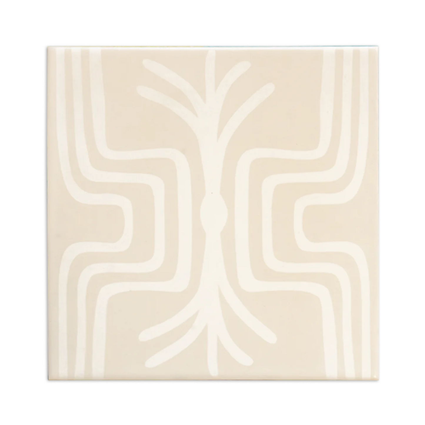 Light beige square tile by Clay Imports with a white abstract symmetrical line pattern.