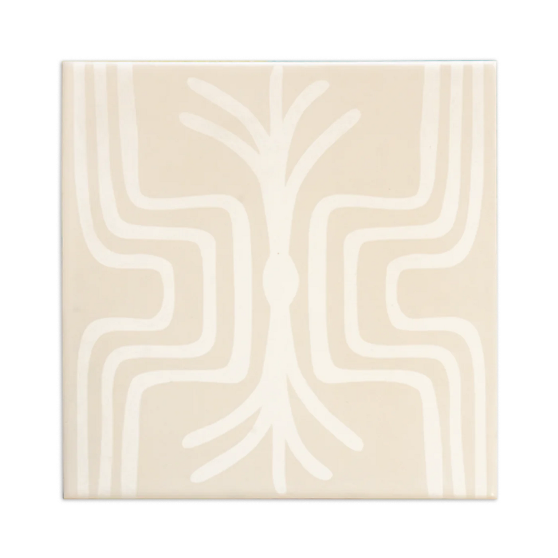 Light beige square tile by Clay Imports with a white abstract symmetrical line pattern.