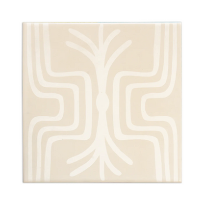 Light beige square tile by Clay Imports with a white abstract symmetrical line pattern.