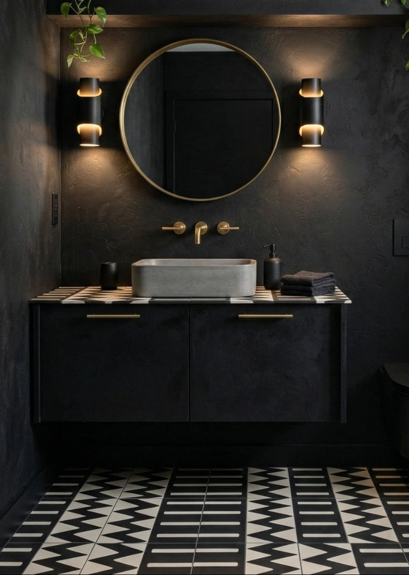 Black and white geometric pattern tile by Clay Imports, featuring zigzag and horizontal line designs on a bathroom floor.