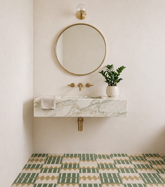 Bathroom with marble sink, round mirror, and patterned tiles.