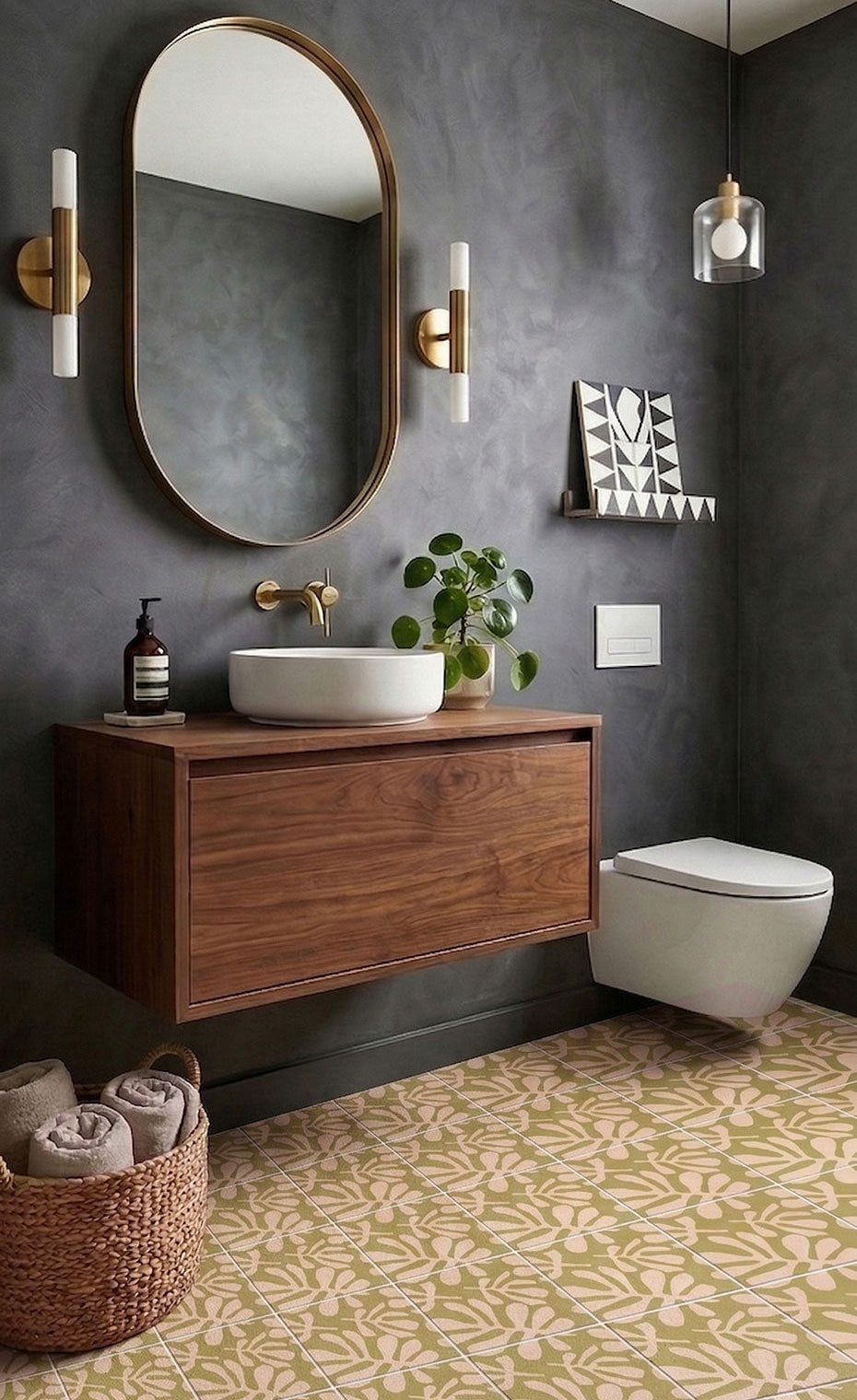 Avocado green and off-white pattern tile by Clay Imports, featuring a repeating floral leaf design on a bathroom floor.