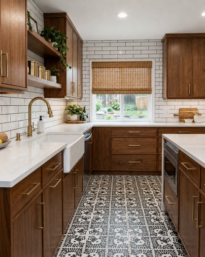 Pitch Black 8x8 pattern tile from Clay Imports, featuring a Sprig Vocho floral design in black on a light background, on a kitchen floor.