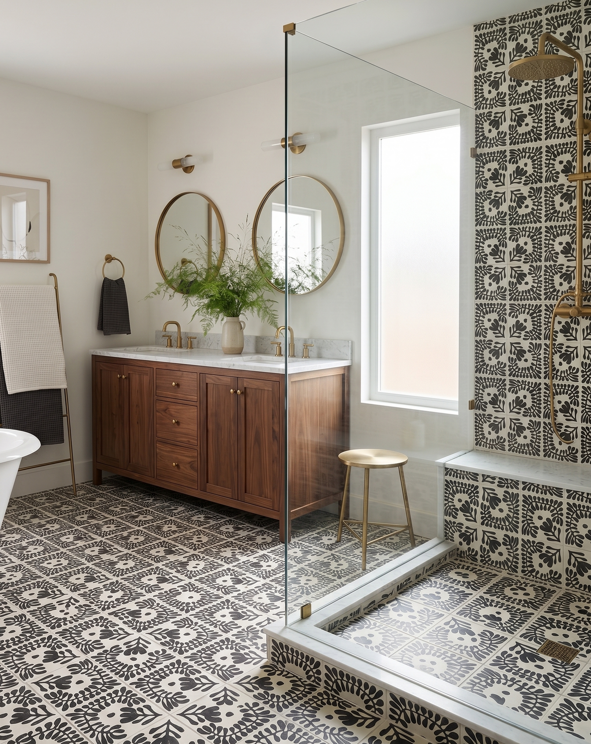Black and white patterned tile by Clay Imports covering a bathroom floor and shower walls with a stylized floral design.